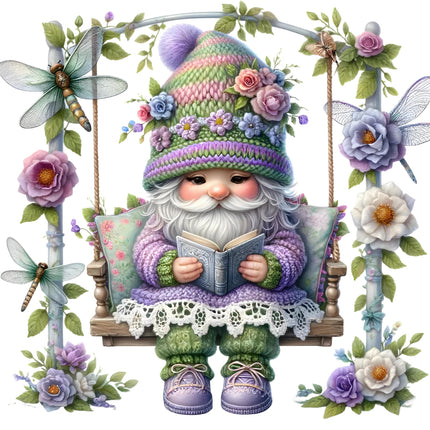 A digital print of a gnome sitting on a swing 