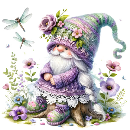 A colorful fabric panel featuring a cute gnome sitting on a stump surrounded by flowers and two dragonflies.