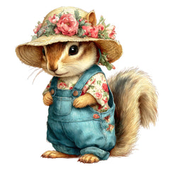 Squirrel wearing a floral hat and denim overalls fabric panel