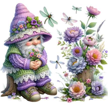 A digital print of a gnome sitting next to a floral arrangement, with a purple hat and green boots.
