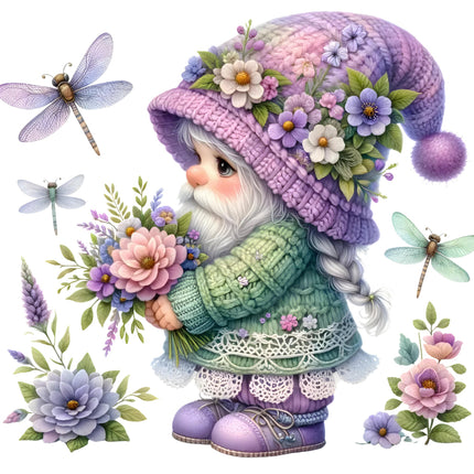 A digital image of a fabric panel featuring a cute gnome with a purple hat and floral pattern, accompanied by dragonflies and more flowers.