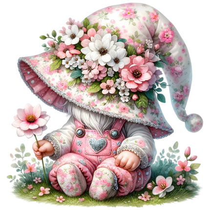 A digitally printed 100% cotton fabric panel featuring a floral gnome character with a hat covered in flowers, sitting on a grass-like surface with more flowers around.