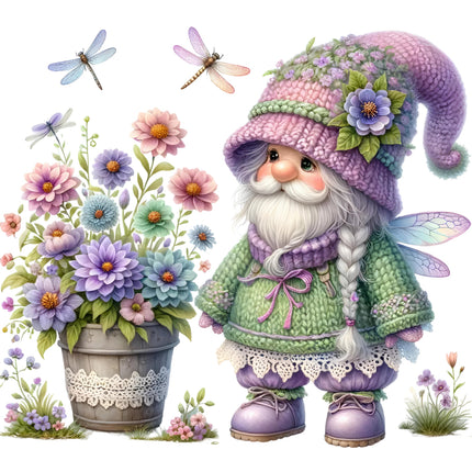 panel featuring a cute gnome with a purple hat and green coat, standing beside a pot of multicolored flowers, with purple, blue, and pink flowers in the background, and two dragonflies flying.