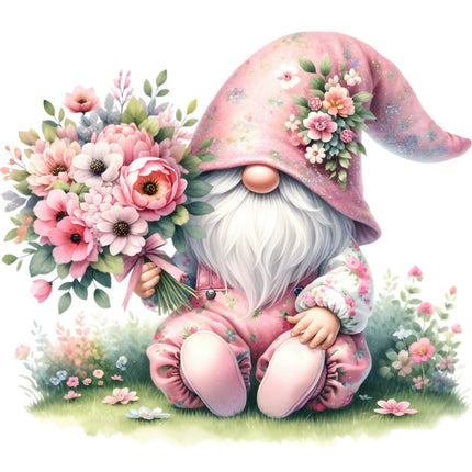 A digitally printed 100% cotton fabric panel featuring a floral gnome with a bouquet of pink and blue flowers.