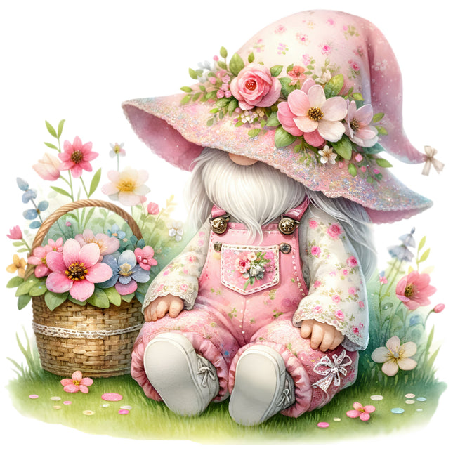 A digitally printed 100% cotton fabric panel featuring a floral gnome with a pink hat and floral dress, sitting next to a basket of flowers.