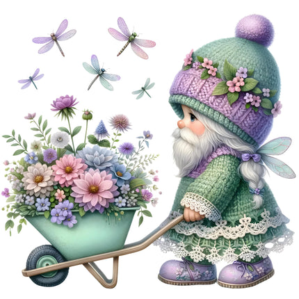 A digital illustration of a gnome wearing a green and purple outfit with a flower hat, pushing a wheelbarrow filled with various flowers, accompanied by dragonflies in flight.