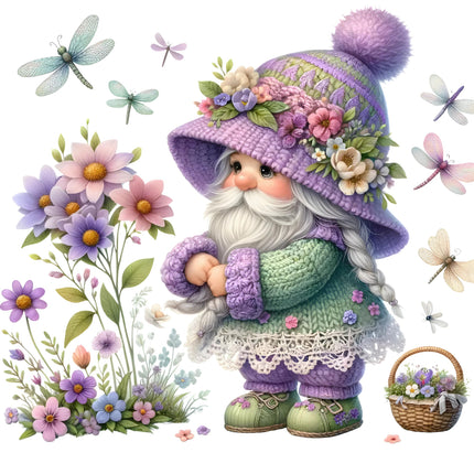 A colorful fabric panel featuring a digital print of a gnome with a purple hat and floral decorations