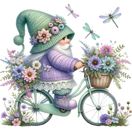 gnome riding a bicycle with a basket of flowers fabric panel