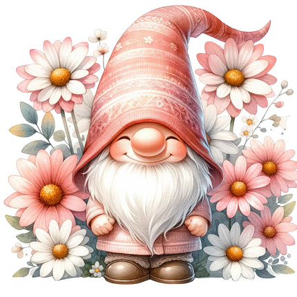A digitally printed 100% cotton fabric panel featuring a cheerful gnome with a red hat and white beard, surrounded by pink and white flowers.