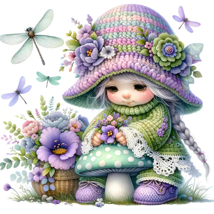 A colorful fabric panel featuring a cute gnome character with a hat and boots, surrounded by floral designs and a dragonfly.