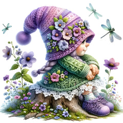 A colorful fabric panel featuring a digital print of a gnome sitting on a stump surrounded by flowers and dragonflies.