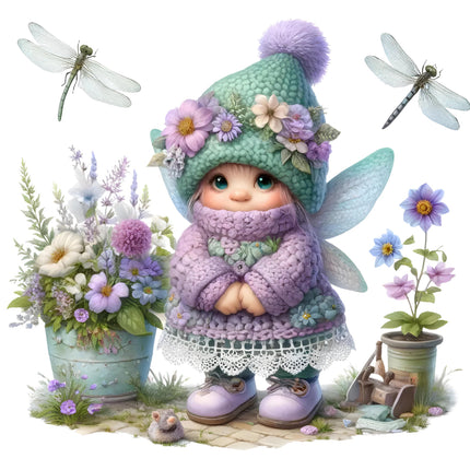 A digital illustration of a cute gnome wearing a green hat with flowers, standing next to a blue flower pot and a small wooden bench, with a butterfly and dragonfly in the background.
