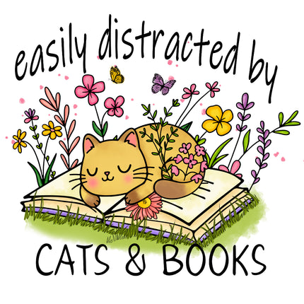 Easily Distracted by Cats and Books 100% Cotton Fabric Panel Block AB1818