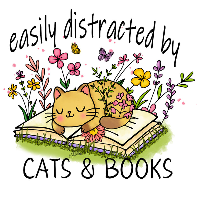 Easily Distracted by Cats and Books 100% Cotton Fabric Panel Block AB1818