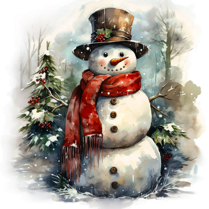 snowman with a top hat and red scarf in a snowy landscape fabric panel