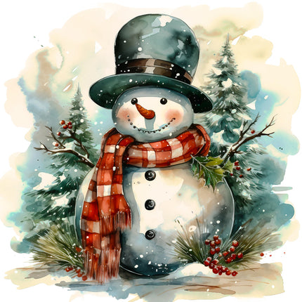 snowman with a plaid scarf, top hat, and buttons in a snowy scene fabric panel