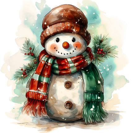 snowman wearing a brown hat, red and green scarf fabric panel