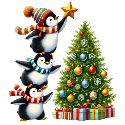 Penguins & Christmas Tree 100% Cotton Fabric Panel Block AB1834