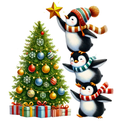Three penguins in scarves decorating a Christmas tree quilt block