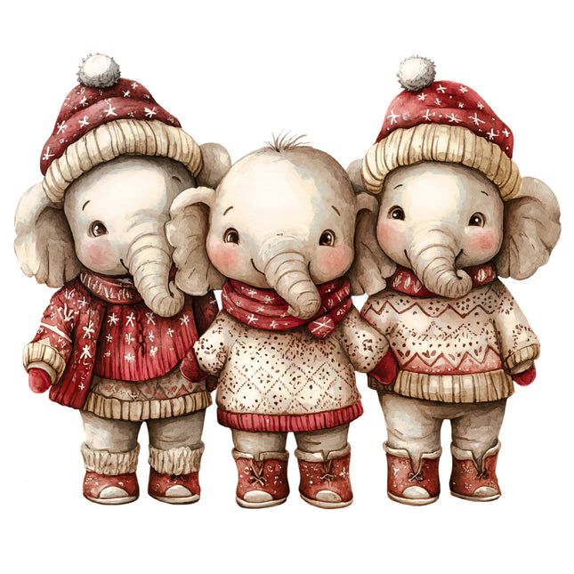 Winter Holiday Elephants 100% Cotton Fabric Panel Block AB1843