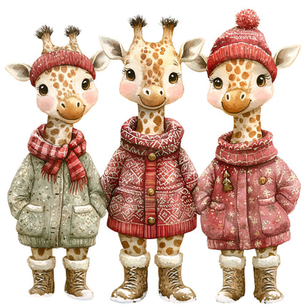 Three cartoon giraffes wearing winter clothing fabric panel