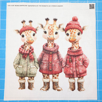Three cartoon giraffes wearing winter clothing fabric panel