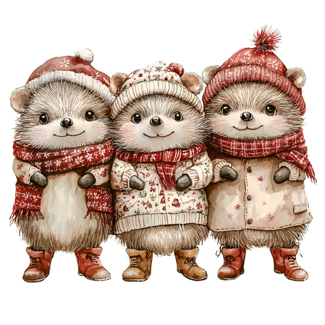 Three cartoon hedgehogs wearing winter clothing fabric panel