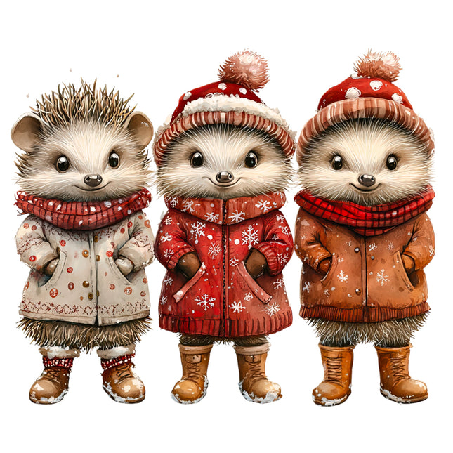 Three cartoon hedgehogs wearing winter clothing fabric panel