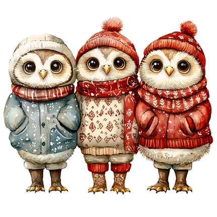 Three cartoon owls wearing winter clothing fabric panel