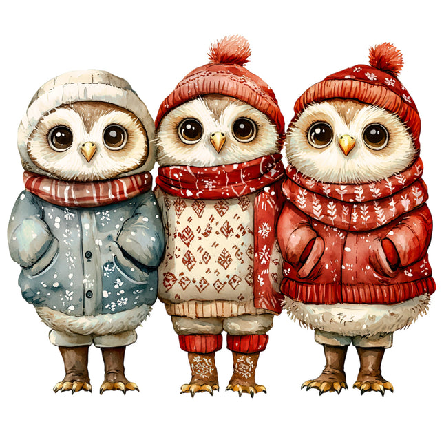 Three cartoon owls wearing winter clothing fabric panel