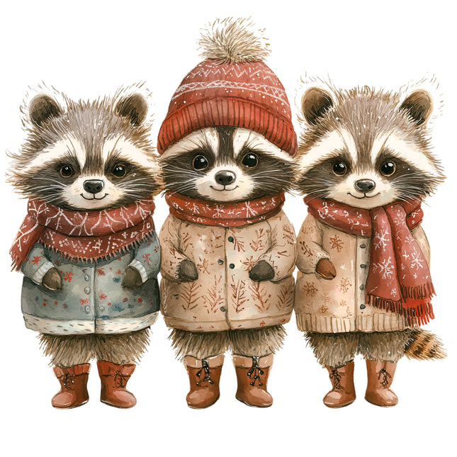 Winter Holiday Raccoons 100% Cotton Fabric Panel Block AB1866