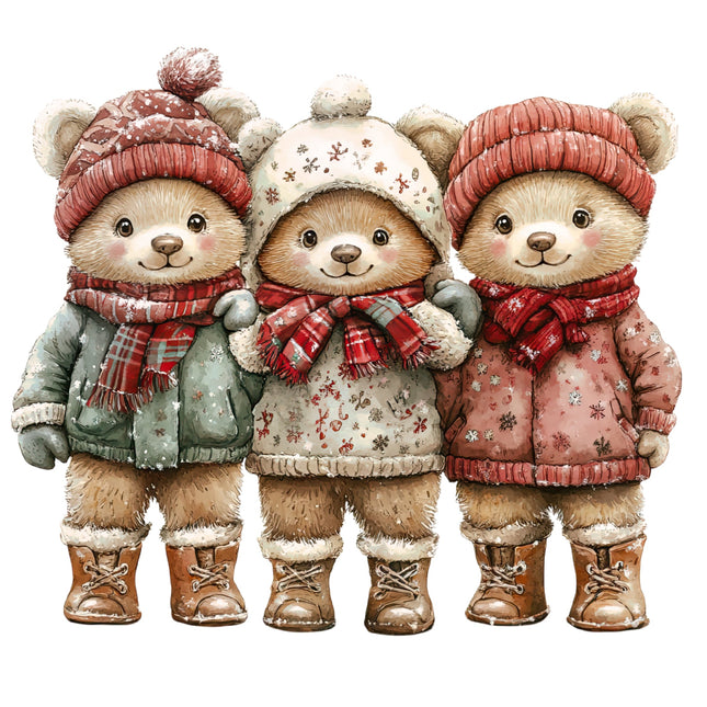 Three teddy bears in winter clothing fabric panel