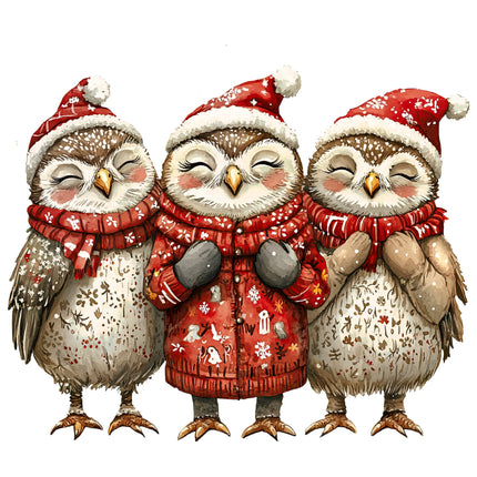 Three owls wearing Christmas hats and scarves fabric panel