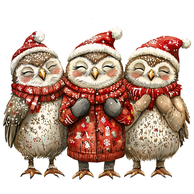 Three owls wearing Christmas hats and scarves fabric panel