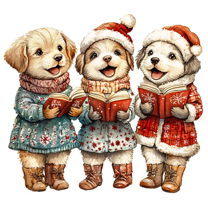 Three cartoon dogs in winter clothing reading books fabric panel