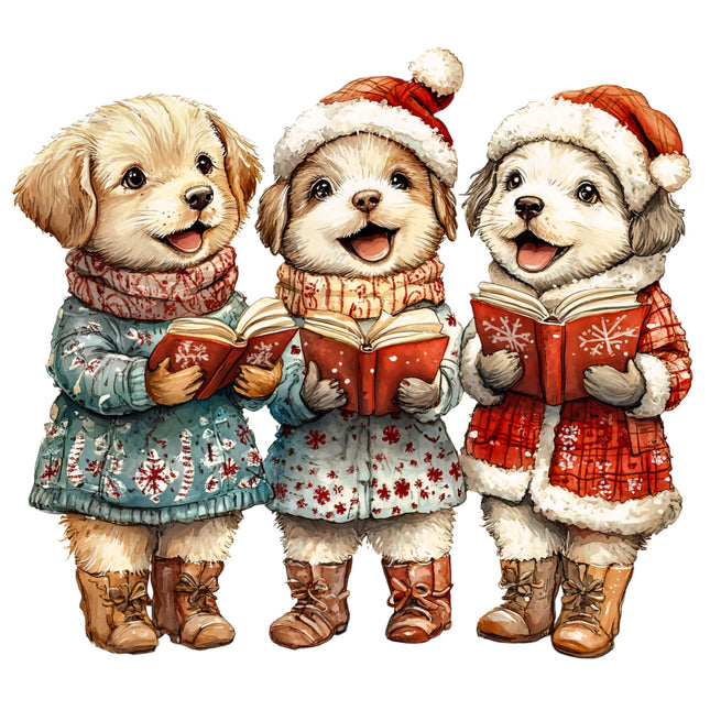 Three cartoon dogs in winter clothing reading books fabric panel