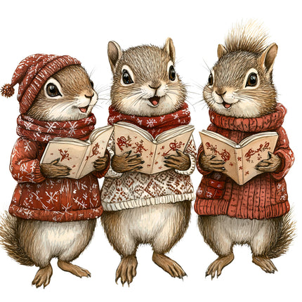 Three cartoon squirrels in winter clothing reading books fabric panel