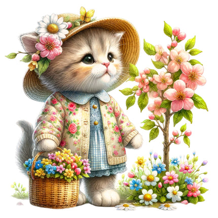 Cartoon cat in a floral outfit with a hat and basket, surrounded by flowers and trees fabric panel
