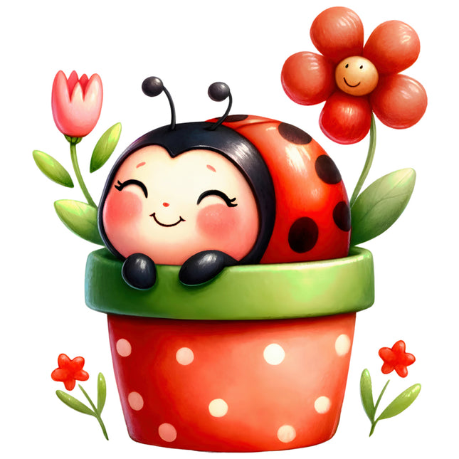 Cartoon ladybug in a pot with flowers quilt block