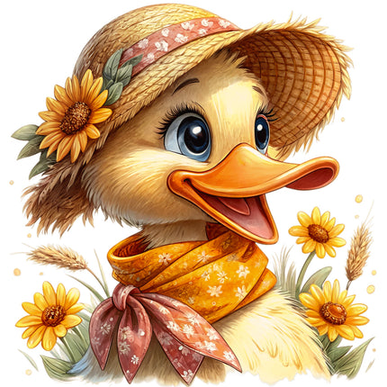Cartoon duck wearing a straw hat with sunflowers and a bandana quilt panel