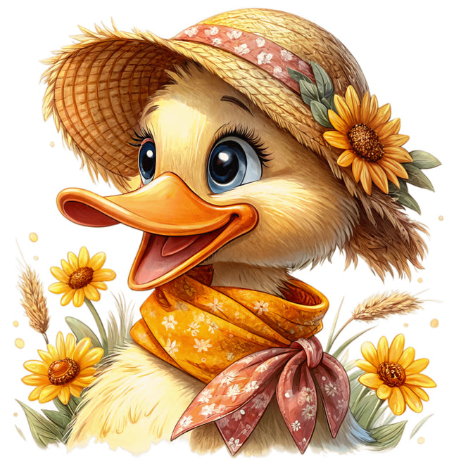 Cartoon duck wearing a straw hat with a sunflower, surrounded by flowers quilt block
