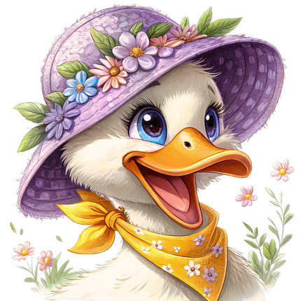 Cartoon duck wearing a purple hat with flowers and a yellow bandana fabric panel