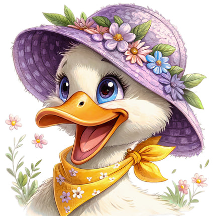 Cartoon duck wearing a purple hat with flowers quilt block