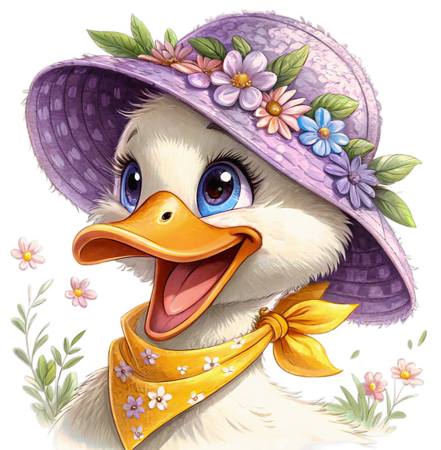 Cartoon duck wearing a purple hat with flowers quilt block