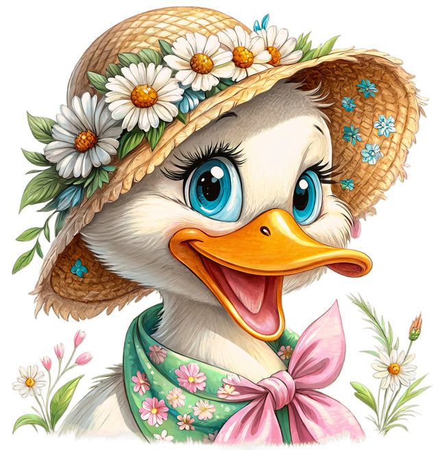 Cartoon duck wearing a floral hat and bandana quilt panel