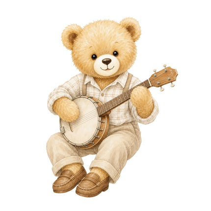 banjo playing teddy bear fabric panel