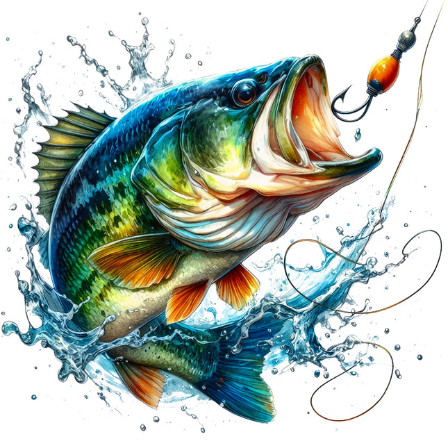 fish biting a hook with water splashes fabric panel