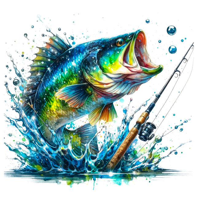 fabric panel of a fish leaping out of water with a fishing rod.