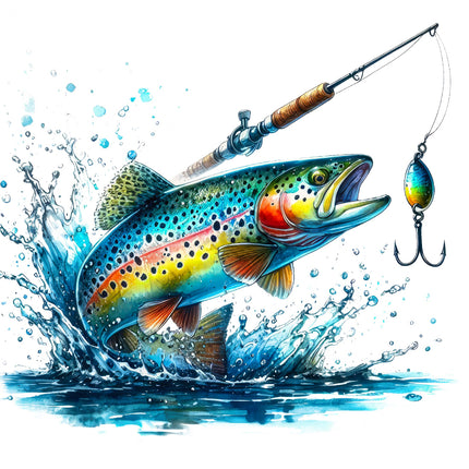 Colorful fish leaping out of water with a fishing rod and hook fabric panel