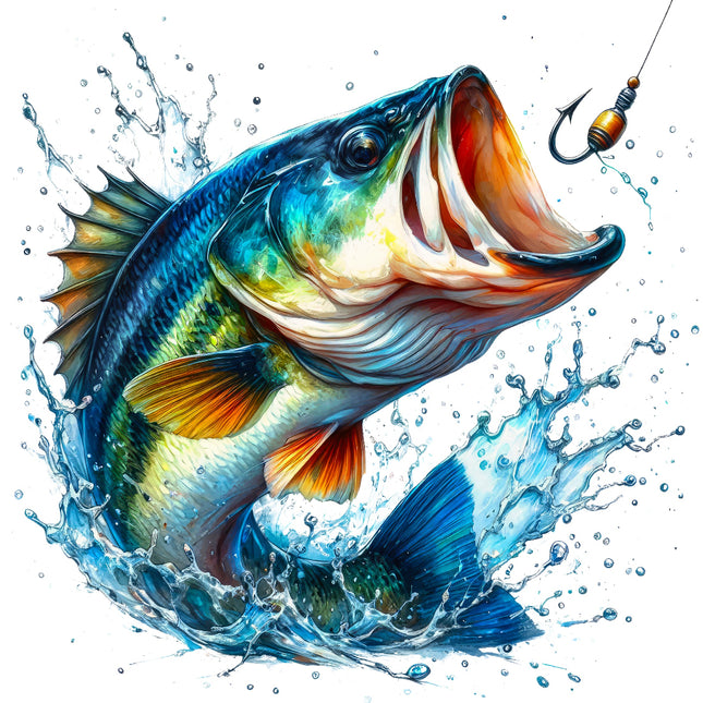 fish leaping out of water with a hook in its mouth fabric panel